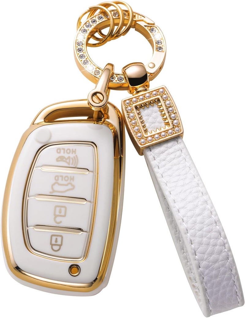 CACARLIKE for Hyundai Key Fob Cover with Leather Lanyard, Car Key Fob Case Compatible with Hyundai Elantra Elantra GT Ioniq Sonata Tucson Smart 4 Buttons Smart Key Protector Holder - Image 1
